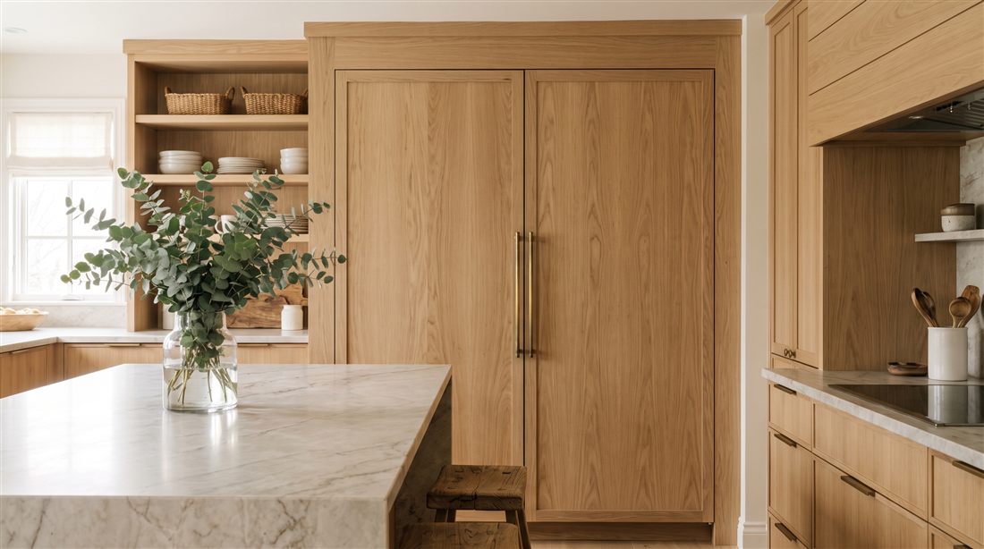 Panel ready refrigerator columns in oak cabinetry