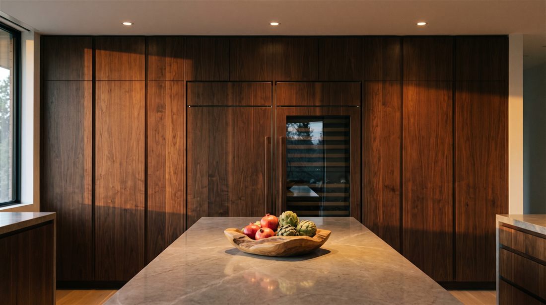 Integrated refrigerator in walnut cabinetry