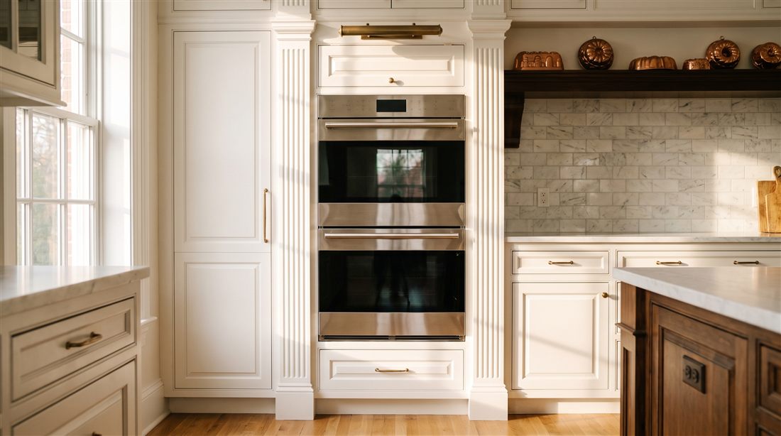 Paneled estate kitchen with wall ovens