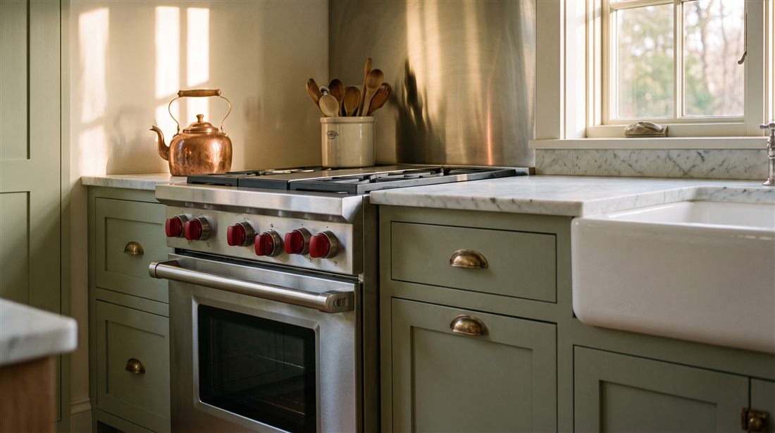 Professional range in a sage green kitchen