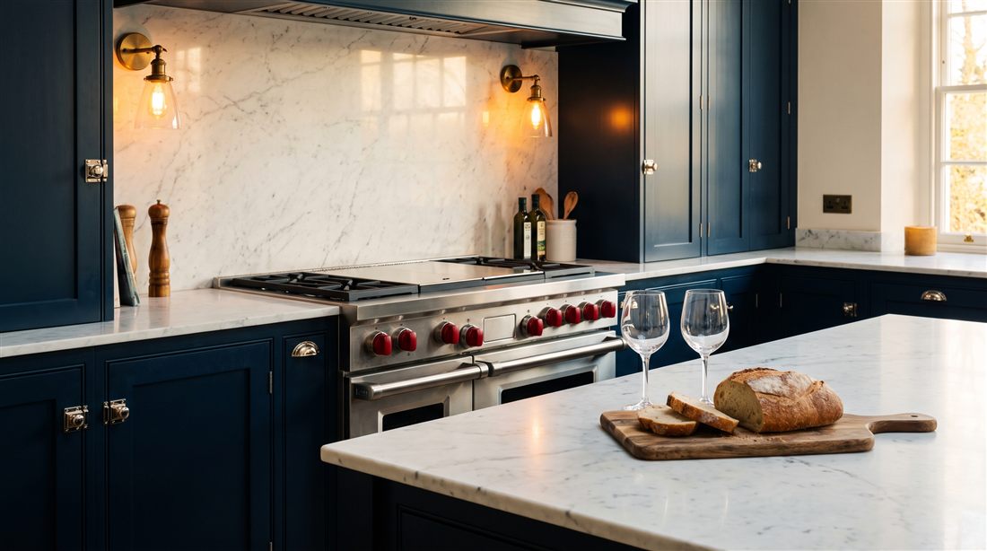 Professional range with navy cabinetry