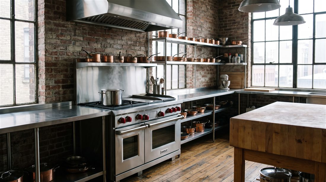 Professional range in an industrial loft
