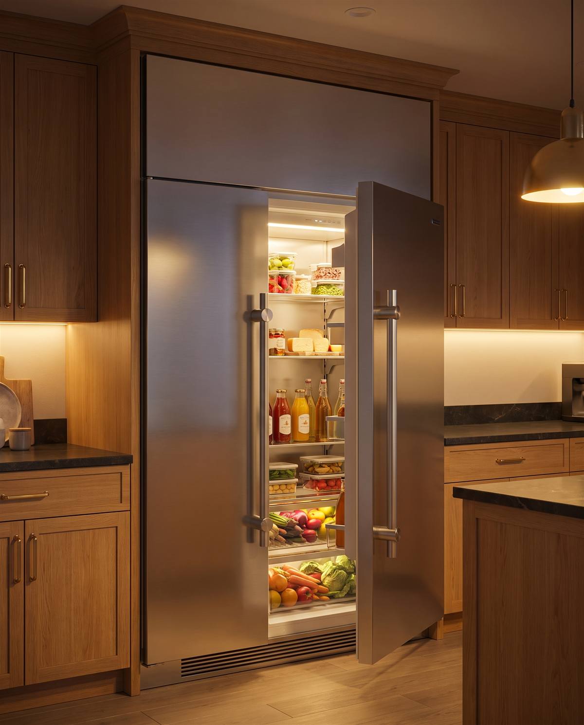 Open built-in refrigerator glowing warmly, stocked shelves, green cabinetry