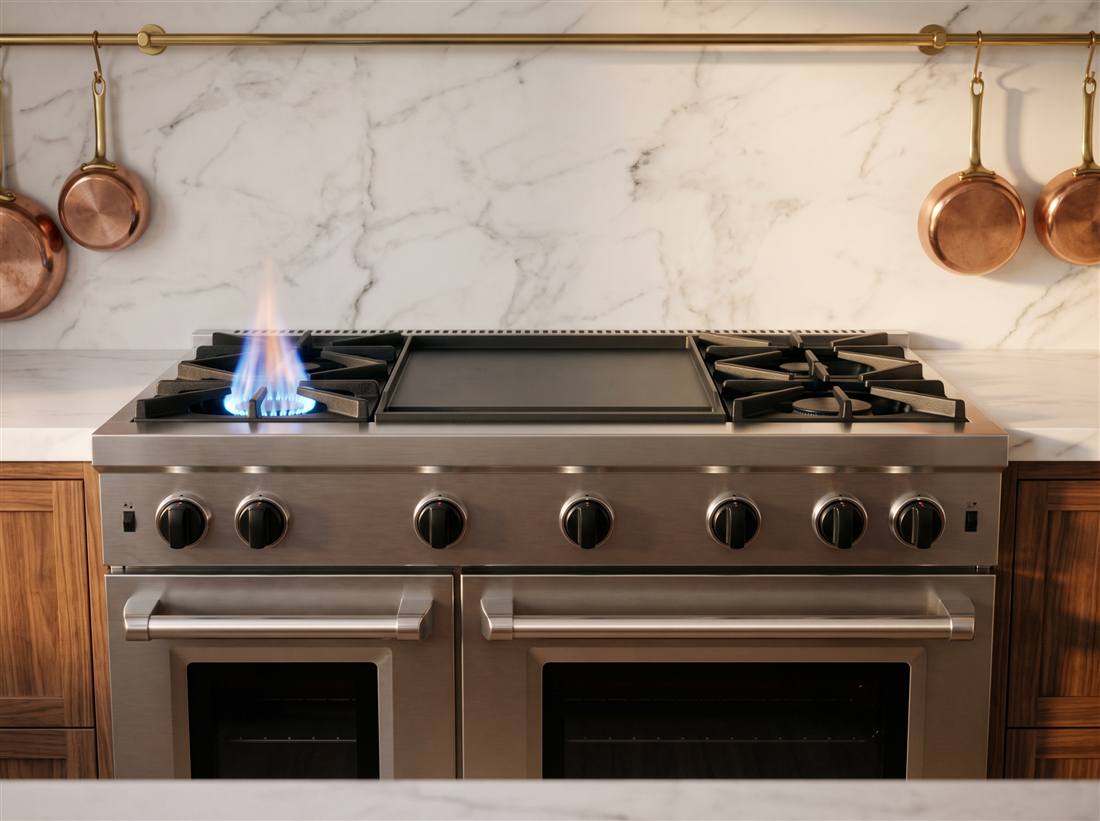48-inch professional stainless range with a lit blue burner